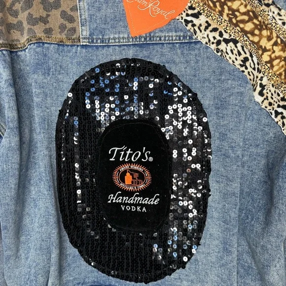 Recycled UpCycled Vintage NWOT Tito’s Crown Royal Denim Jean Jacket Gypsy Hippie - Picture 6 of 7